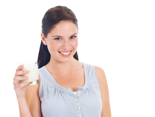 Poster - Woman, smile and portrait with milk in glass, health and nutrition with calcium isolated on transparent png background. Wellness, digestion and healthy, young female person smile with milkshake