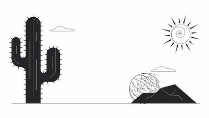 Poster - Tumbleweed on road bw animation. Animated cactus in hot desert wasteland 2D cartoon flat monochrome line landscape. 4K video concept footage on white with alpha channel transparency for web design