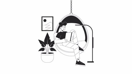 Fototapete - reading in comfy chair bw animation. animated isolated 2d asian woman reading book. cartoon monochro