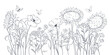 Sunflowers and wild flowers. Sketch in lines, freehand drawing. Vector illustration, summer background, flower meadow.