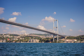 Wall Mural - Bosphorus bridge on a summer sunny day, view from the sea, Istanbul Turkey