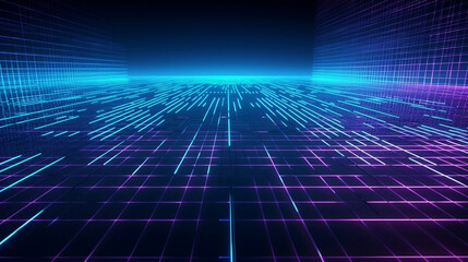 Cyan blue and purple grids neon glow light lines design on perspective floor, creativity, digital, internet, cyberpunk, virtual reality concept, hi-tech abstract backgroud. Generative AI