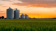 Grain Silos In The Field In The Green Field With Evening Sunset 