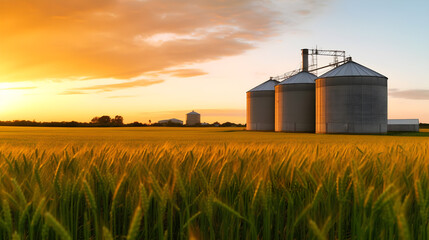 grain silos in the field in the green field with evening sunset 