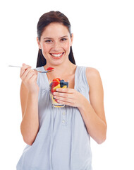 Canvas Print - Fruit, salad and woman in portrait, healthy food and diet isolated on transparent png background. Young female model, detox and eating breakfast with self care, nutrition and health with wellness