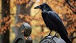 A close-up of a raven or crow perched on a tombstone or branch, symbolizing foreboding or ominous predictions. Generative AI