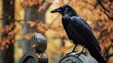 A close-up of a raven or crow perched on a tombstone or branch, symbolizing foreboding or ominous predictions. Generative AI