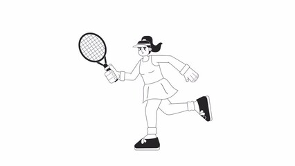Aufkleber - animated bw girl tennis player. athlete swinging racket isolated 2d animation. individual sports. ca