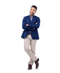 Poster - Portrait, corporate and arms crossed with a business man isolated on a transparent background in a suit. Management, trust and mindset with a happy young male lawyer on PNG for a legal trial