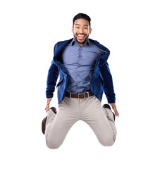 Sticker - Portrait, energy and a business man jumping isolated on a transparent background in celebration of achievement. Success, motivation and winner with an excited male employee in a corporate suit on PNG