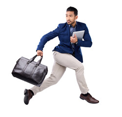 Poster - Isolated business man, bag and jump with speed, late for work and run by transparent png background. Young businessman, travel case and running fast for job, deadline and worry in rush to workplace
