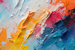 Texture of multicolored oil paint strokes on art canvas, top view. Close-up of strokes of thick paint. Blue, orange, white light colors. Generative AI professional photo imitation.