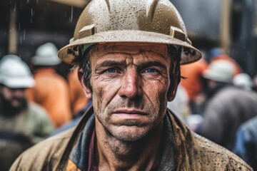 Wall Mural - Portrait of Successful worker Wearing Hard Hat and Safety Vest Standing on a Commercial Building Construction Site