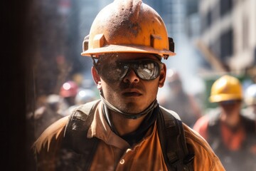 Wall Mural - Portrait of Successful worker Wearing Hard Hat and Safety Vest Standing on a Commercial Building Construction Site