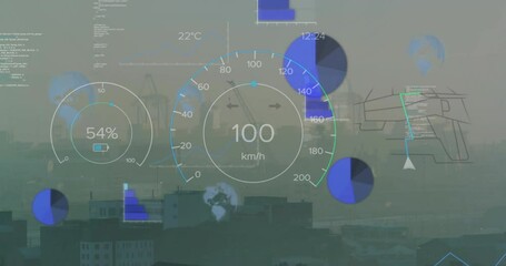 Poster - Animation of car interface with speedometer and data processing against aerial view of cityscape