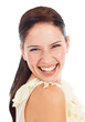 Portrait, beauty and funny with a woman laughing isolated on a transparent background for fashion or style. Face, trendy and comedy with a young female comic on PNG for humor or carefree joking
