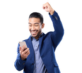 Aufkleber - Winner, phone and business man success, yes or celebration of profit, sales and news, power or opportunity. Happy, excited asian person winning, fist and mobile isolated on transparent png background