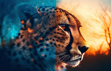 Wall Mural - Cheetah in savannah.   The concept of protecting wildlife and green planet. post processed AI generated image.