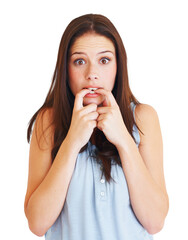 Canvas Print - Anxiety, nervous and biting nails with portrait of woman on transparent background for fear, stress and shocked. Mental health, scared and problem with face of female person isolated on png for worry