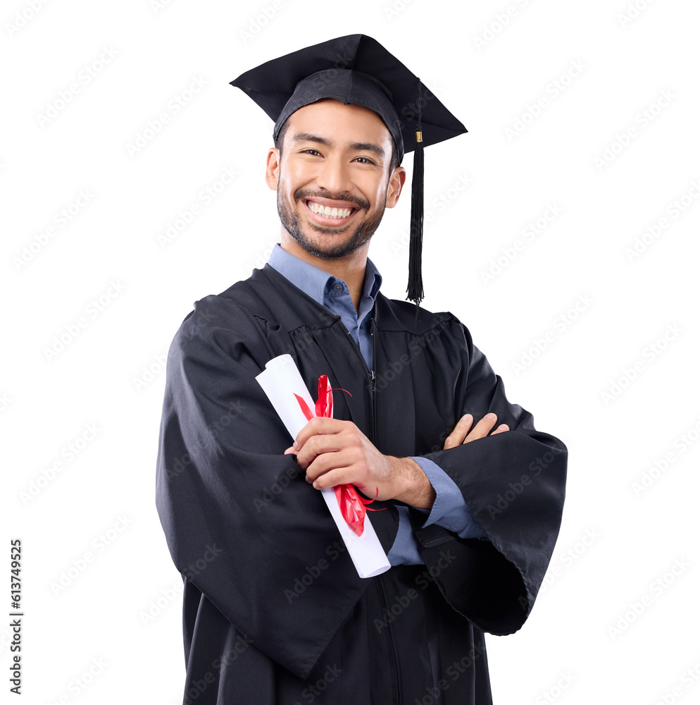 Portrait, certificate and graduation of Asian man with arms crossed ...