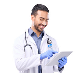 Poster - Doctor, online tablet and happy man for healthcare research, typing and paperless telehealth service. Happy medical person or surgeon check digital technology isolated on transparent png background