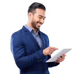 Tablet, corporate and research with a business man isolated on a transparent background for information technology. Internet, planning and networking with a happy young male employee searching on PNG