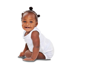 isolated african baby girl, portrait and smile for childhood development by transparent png backgrou