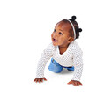 Cute, small and happy with baby crawling on transparent background for youth, innocence and learning. Smile, african and sweet with toddler isolated on png for playful, cheerful and positive