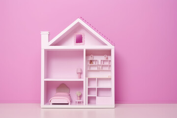 Simple Miniature model of a toy doll house isolated on a flat pink background with copy space. Minimalist dollhouse banner template, creative house building idea. Generative AI illustration.