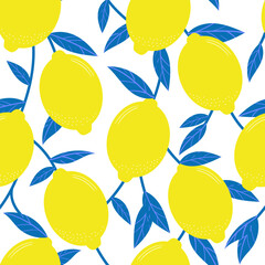 Poster - Tropical seamless vector pattern with yellow lemons, fruit background, lemon branches.