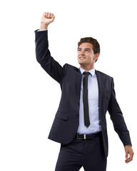 Wall Mural - Winner, success and wow with a business man isolated on a transparent background in celebration. Motivation, happy and fist with a male employee in a suit cheering in victory or triumph on PNG