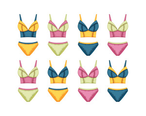 Poster - Swimwear set. A large collection of separate swimsuits in red, green, blue and yellow colors. Women s beach accessory. Bathing suit. Vector