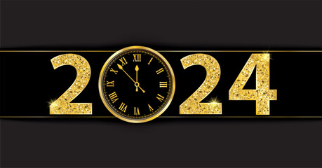 Wall Mural - Black Paper Banner Golden Clock 2024