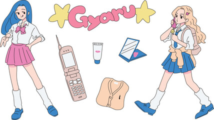 gyaru fashion highschool girls vector illustration