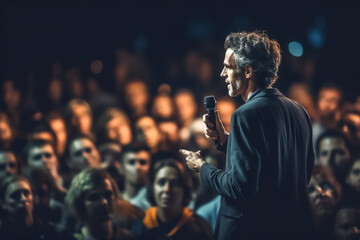 man gives speech or lecture in front of large audience - topic symposium, lecture, seminar or coachi