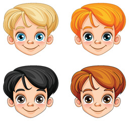 Wall Mural - Set of c ute boy head cartoon character in different race and hair colour