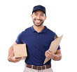 © Harsh Shrikant/peopleimages.com - Portrait, box or documents with a delivery man isolated on transparent background for ecommerce shipping. Logistics, retail and courier with a happy young male post office worker on PNG for service
