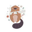 Vector illustration of a cute beaver standing with a log.