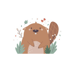 Wall Mural - Vector illustration of a cute beaver sitting in forest bushes.
