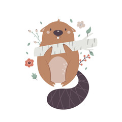 Wall Mural - Vector illustration of a cute beaver standing with a log.