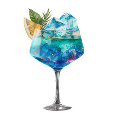Alcoholic Cocktail Blue Lagoon With A Slice Of Lemon Or Orange Decorated With Herbs In Watercolor Technique. Cooling Summer Drink With Fruits And Ice In A Blue Glass. High Quality Photo