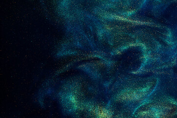 Wall Mural - various stains and overflows of gold particles in blue fluid with green tints. golden particles dust
