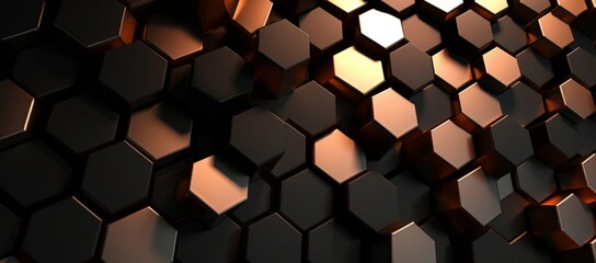 Wall Mural - 3d rendering of abstract background with hexagons in black and orange color