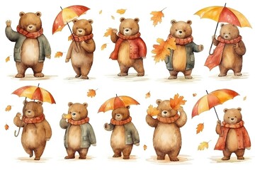 Poster - set of cute bears character in warm autumn season painted in watercolor on a white isolated background. Generative AI