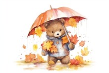 Cute Bear Brings Umbrella At Garden With Autumn Leaves Painted In Watercolor On A White Isolated Background. Generative AI
