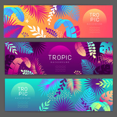 Wall Mural - Set of colorful gradient summer banners with fluorescent tropic leaves. Summertime template collection. Vector illustration