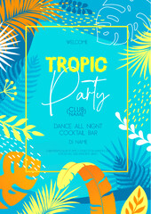 Colorful summer disco party poster with tropic leaves. Summertime background. Vector illustration