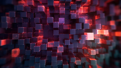 Poster - 3d rendering of abstract geometric composition with cubes in red and blue colors generative ai