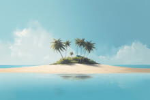 Small Tropical Sandy Island Surrounded By The Blue Waters Of The Ocean. A Beautiful Bright Blue Summer Sunny Sky. Creative Concept Of Summer. Generative AI 3d Render Illustration Imitation.