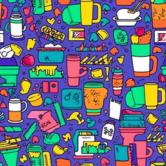 Poster - Coffee seamless pattern with hand drawn elements. Vector illustration. generative ai